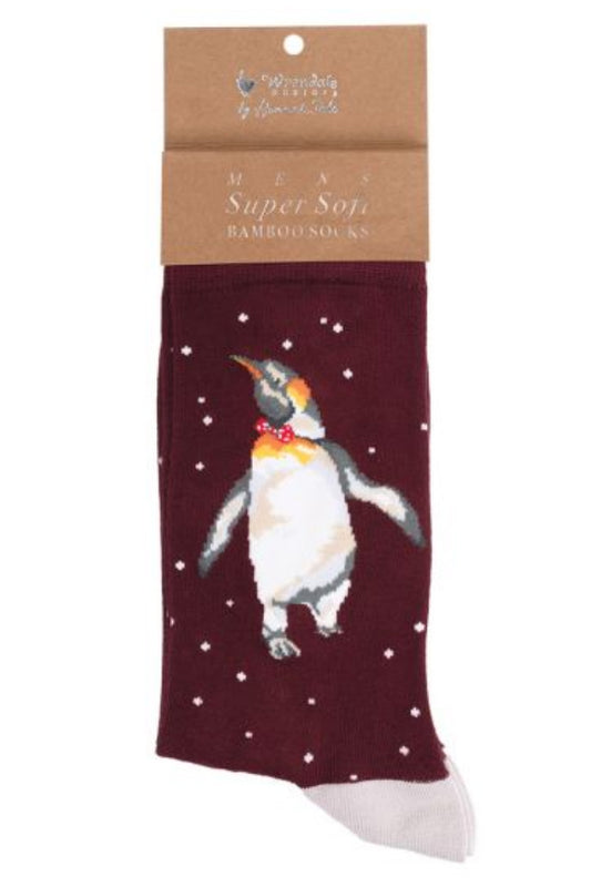 Calza da uomo Wrendale Designs in bambù bordeaux con ricamo di un pinguino reale con papillon rosso, presentata su sfondo neutro con cartoncino kraft del brand.