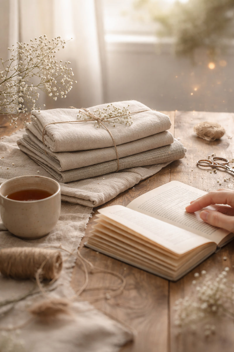 Pila di tessuti piegati, libro aperto, tazza di tè e piccoli rami su tavolo in legno, luce calda naturale, evocando cura e gesti quotidiani affettuosi.