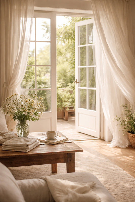 Stanza luminosa con finestre aperte, tende leggere mosse dal vento, tavolo in legno con tessuti piegati, tazza di tè, libro e vaso di fiori freschi, luce naturale che riempie la stanza.