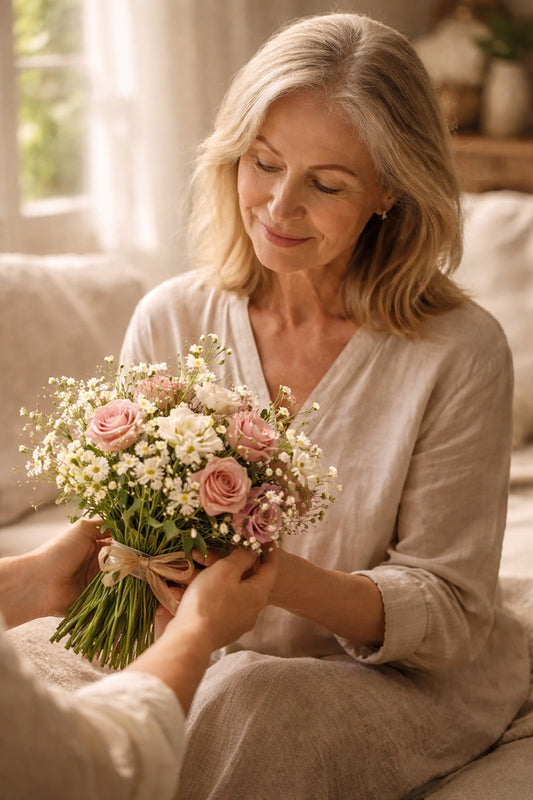 Donna matura sorridente in una stanza luminosa mentre riceve un bouquet di fiori freschi, con rosa, margherite e lisianthus, in un momento di gratitudine e cura.