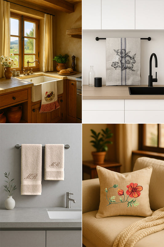Collage di quattro immagini, con ambienti country chic e ambienti minimal eleganti che mostrano tessili ricamati abbinati allo stile