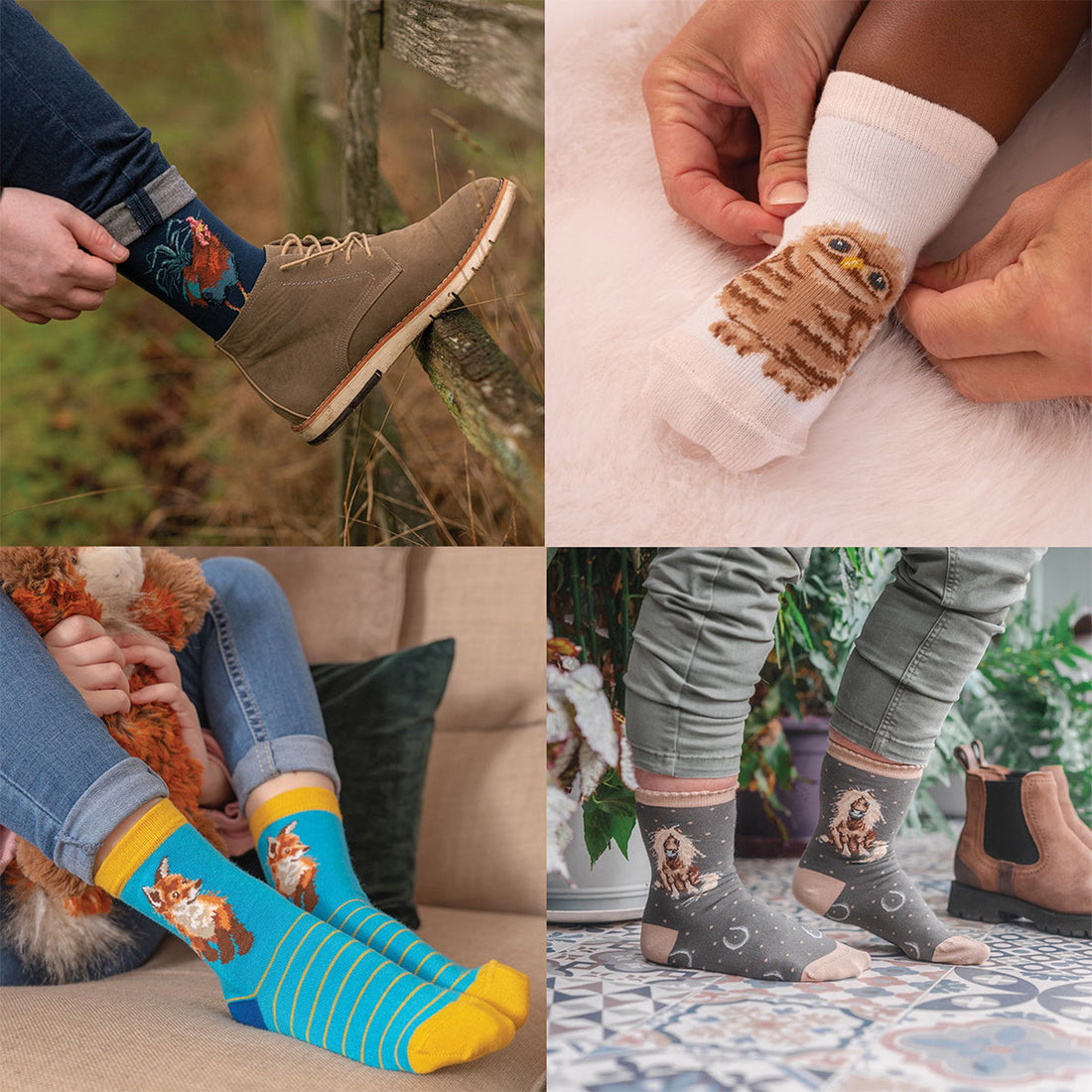 Collage di quattro immagini che mostrano l'intera collezione di calze, disponibili per uomo, donna, bambini e neonati; tutte sono mostrate in immagini ambientate che ne mostrano l'utilizzo