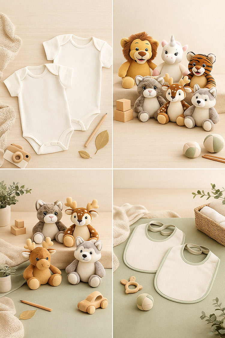 Collage di immagini che presentano la collezione di body personalizzati con vinile, di bavaglini personalizzati con ricamo e di pupazzi Cubbies personalizzati con nomi, iniziali o dettagli nascita, il tutto su sfondo neutro beige caldo e verde salvia.