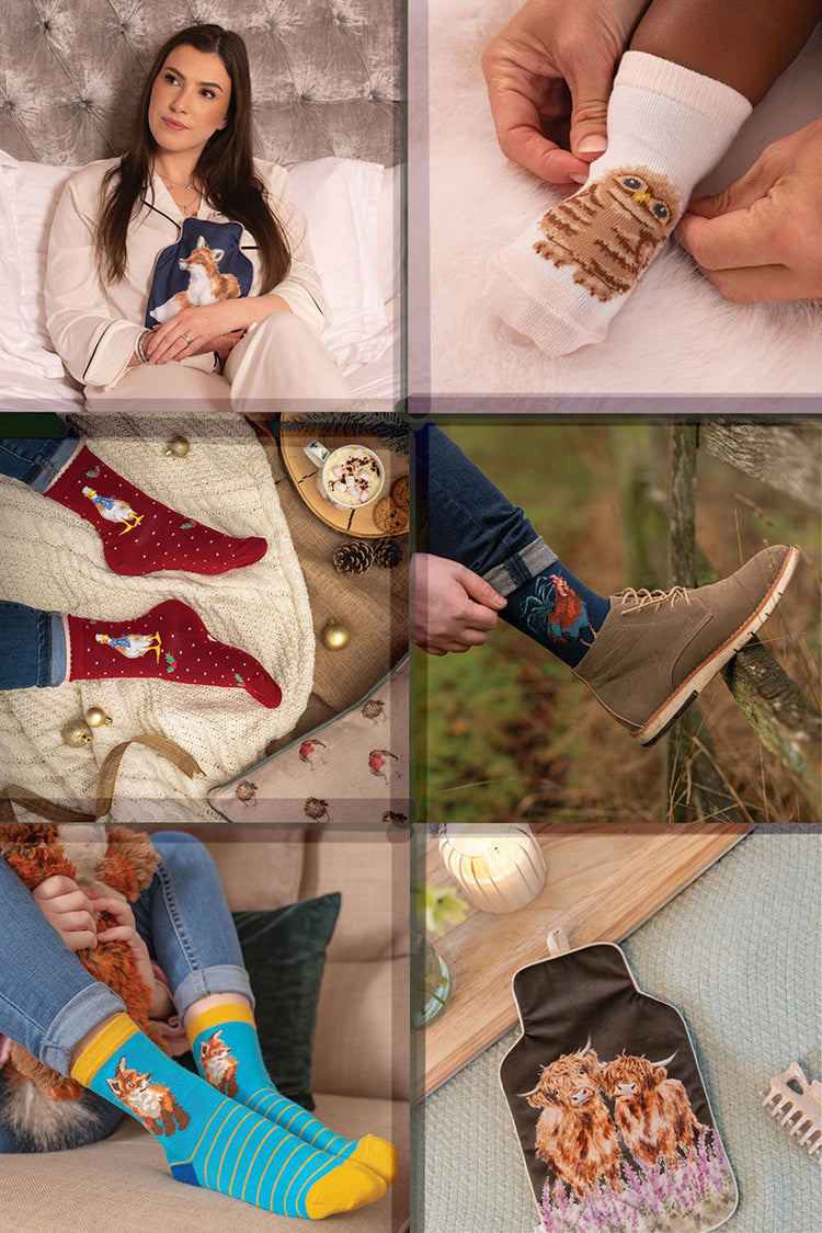 Collage di calze in bamboo e boule dell’acqua calda Wrendale Designs con illustrazioni di animali