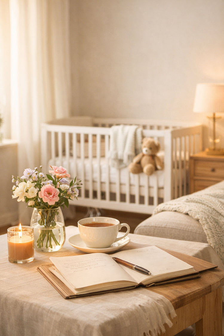 Interno di una nursery moderna e luminosa, una culla elegante in secondo piano con copertina delicata. Atmosfera calda, accogliente e poetica, evocativa di cura e affetto per un nuovo arrivato.