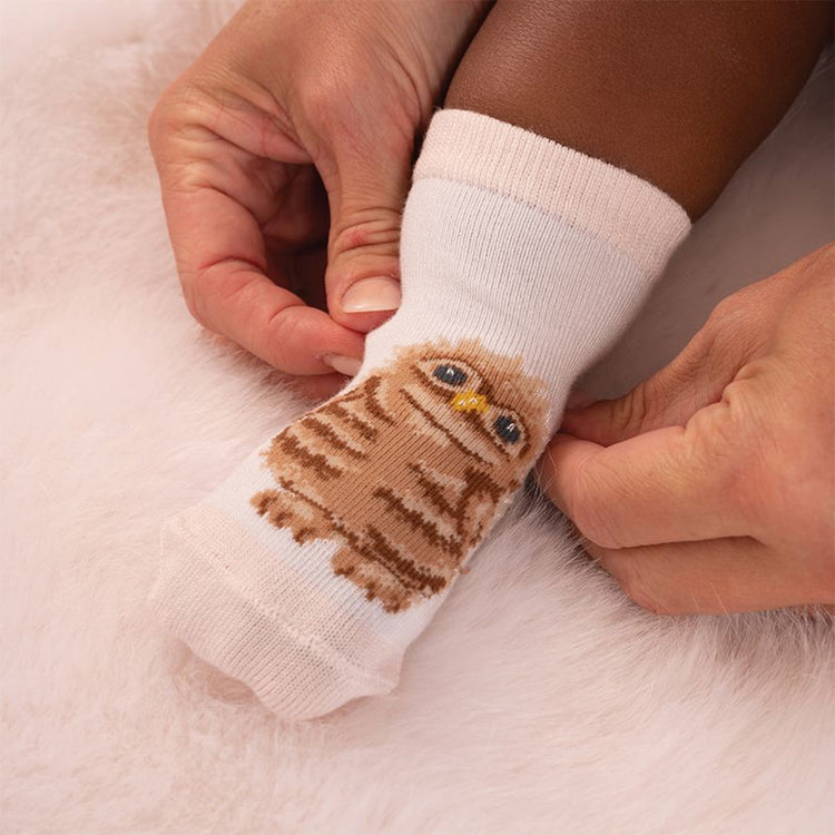 Calza Wrendale Designs da neonato in bianco con ricamo di un gufetto, mentre un adulto la infila delicatamente sul piedino del bambino.