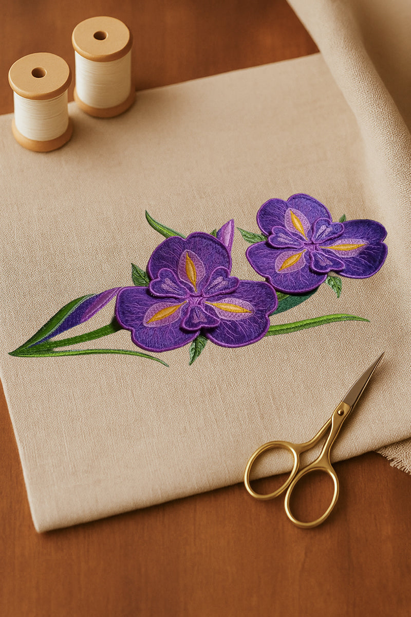 Ricamo artigianale in misto lino beige con due fiori viola tridimensionali in lavorazione, mostrato con forbici dorate e rocchetti di filo chiaro, simbolo della collezione “Fioriture in Rilievo”.