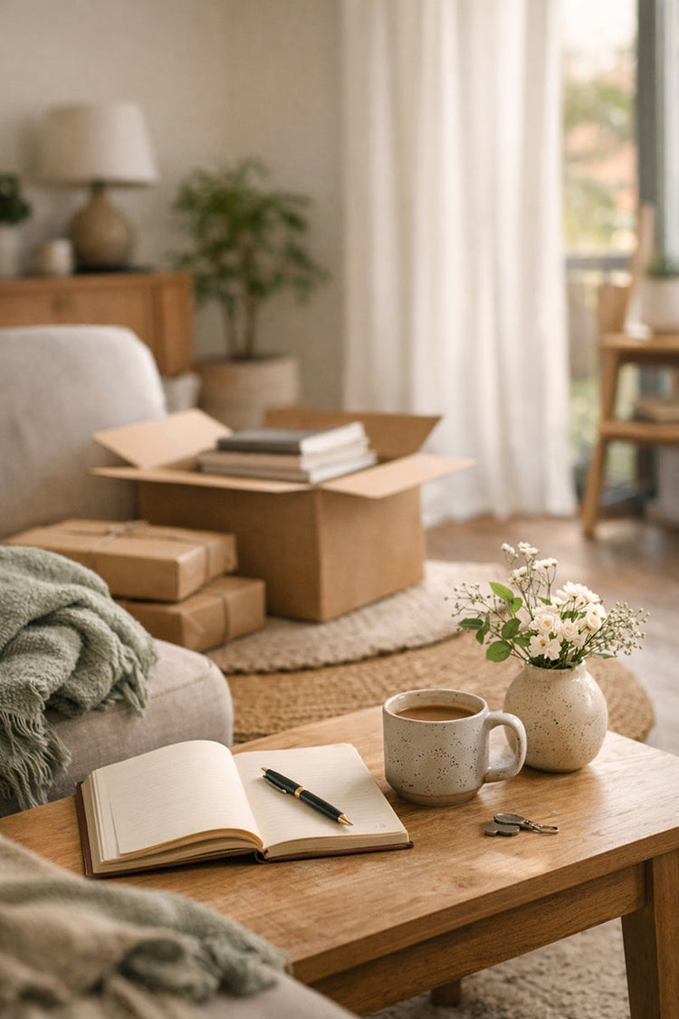 Interno di una casa nuova, luminosa ed accogliente, con scatoloni di libri, pacchi e coperte da sistemare