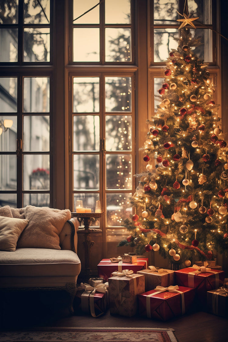 Interno di un salotto con una grande vetrata, divano con tanti cuscini, tappeto, tavolino con candele accese ed un grandissimo albero di Natale riccamente addobbato ed illuminato, con sotto molti pacchi elegantemente confezionati