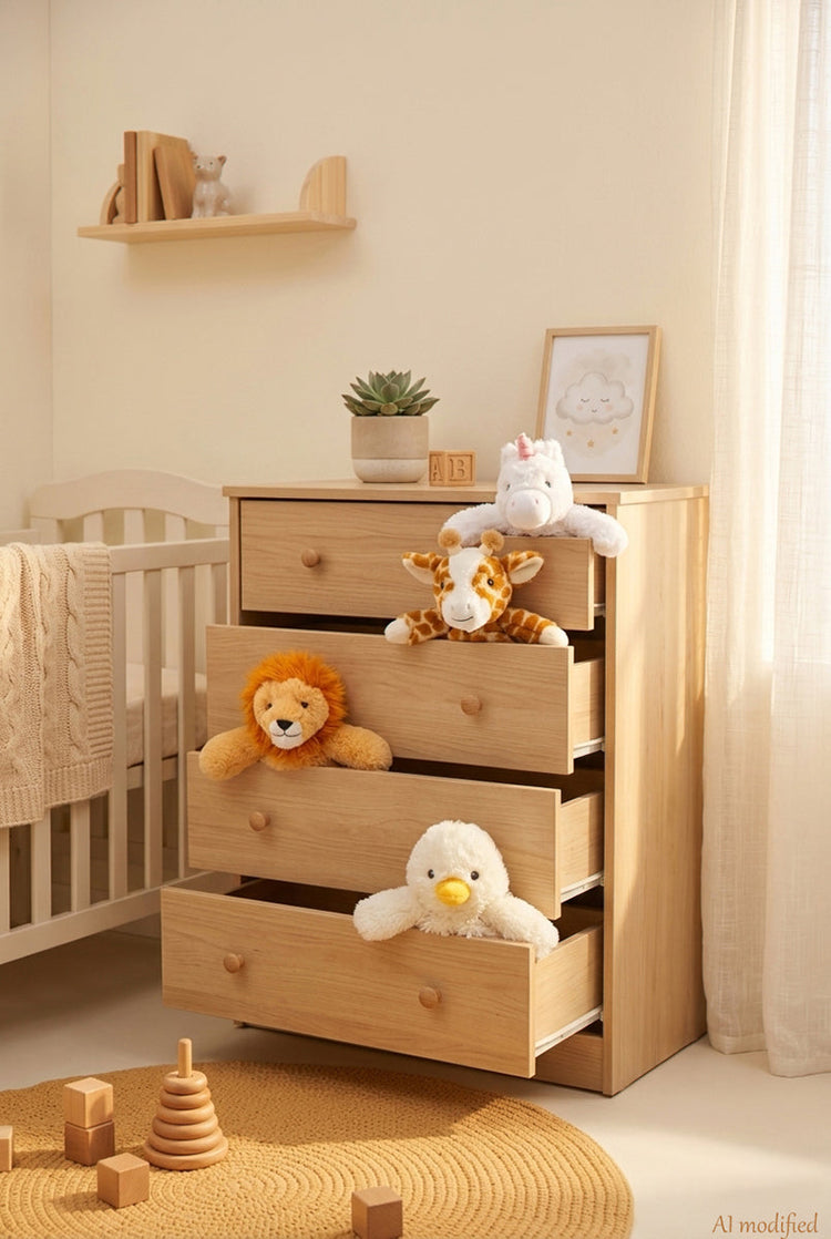 Interno di una nursery dai toni chiari, con cassettiera in primo piano e culla sulla sfondo; cassetti aperti da cui spuntano doudou-peluche personalizzabili con ricamo