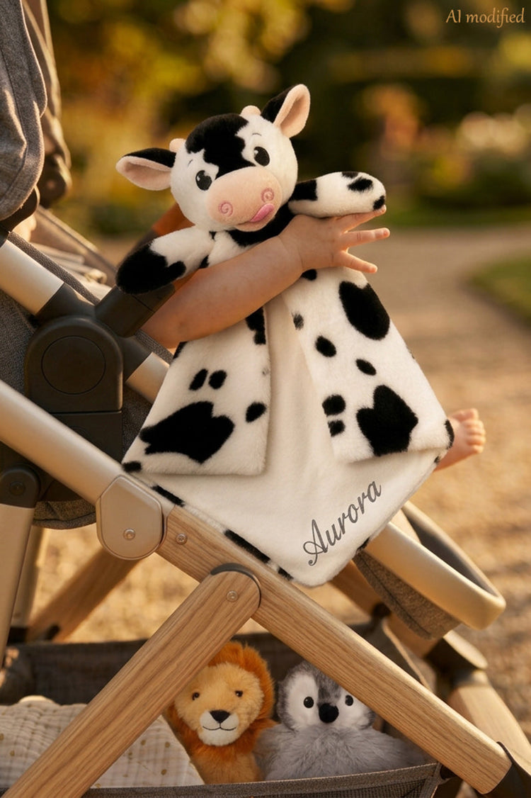 Doudou personalizzato Piccoli Abbracci a forma di mucca stretto da un bambino nel passeggino, con nome ricamato e altri personaggi della collezione sullo sfondo.