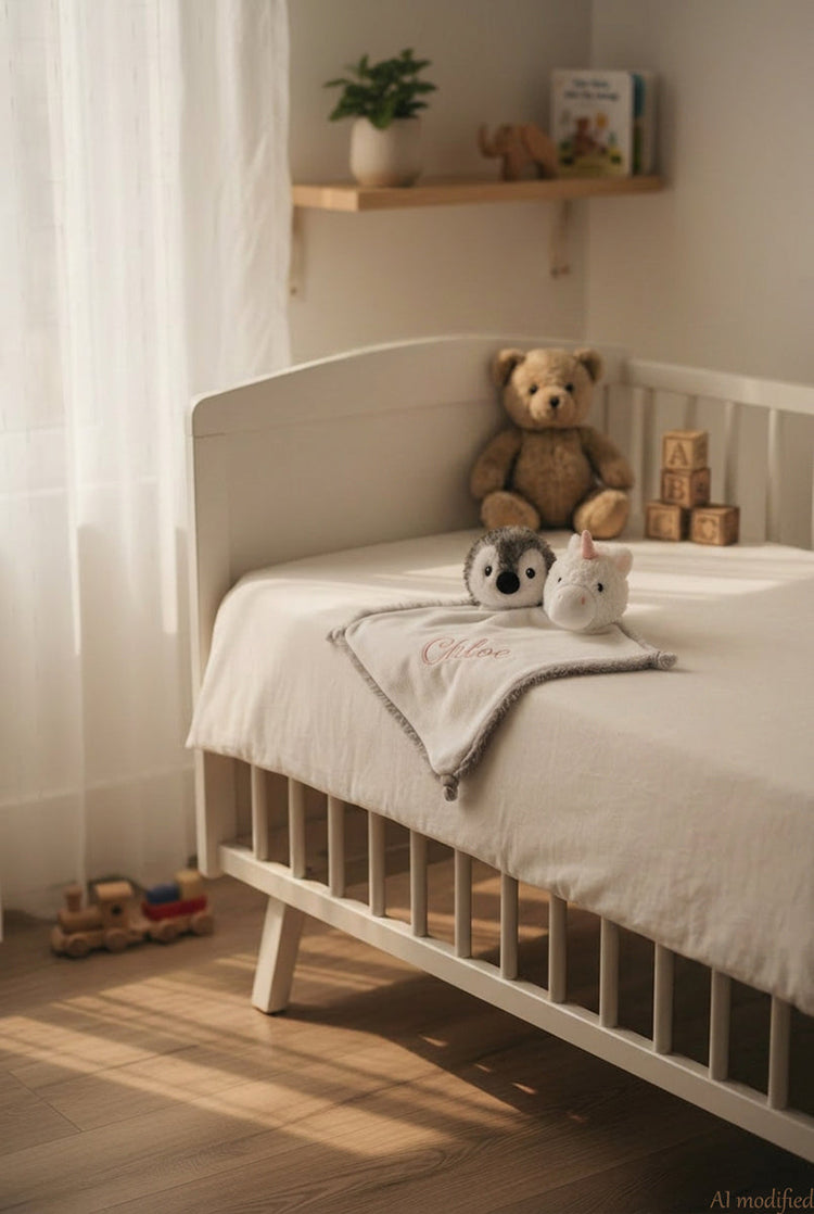 Cameretta illuminata da luce calda, con una culla bianca, su cui sono appoggiati, insieme a vari giochi, doudou con testoline peluche di pinguino e unicorno, personalizzati con scritta ricamata