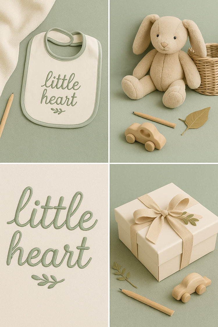 Collage che mostra un bavaglino personalizzato con il ricamo, un pacco regalo, peluche e giochi, su sfondo neutro verde salvia