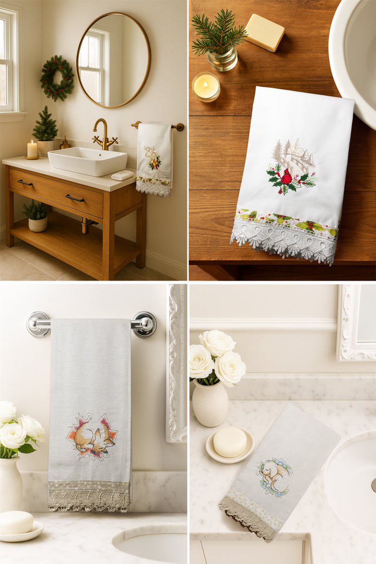 Collage delle collezioni di asciugamani in cotone con ricami di uccellini e paesaggi invernali in bagno rustico elegante e in misto lino con ricami di teneri animaletti in bagno lussuoso in marmo