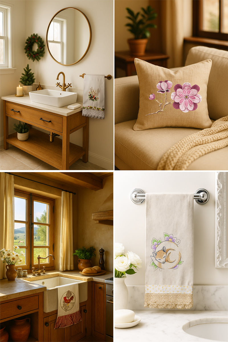 Collage delle collezioni Country Chic di tessili per la casa, asciugamani ed asciugapiatti ricamati con varie decorazioni e cuscini con ricami floreali tridimensionali e di animali
