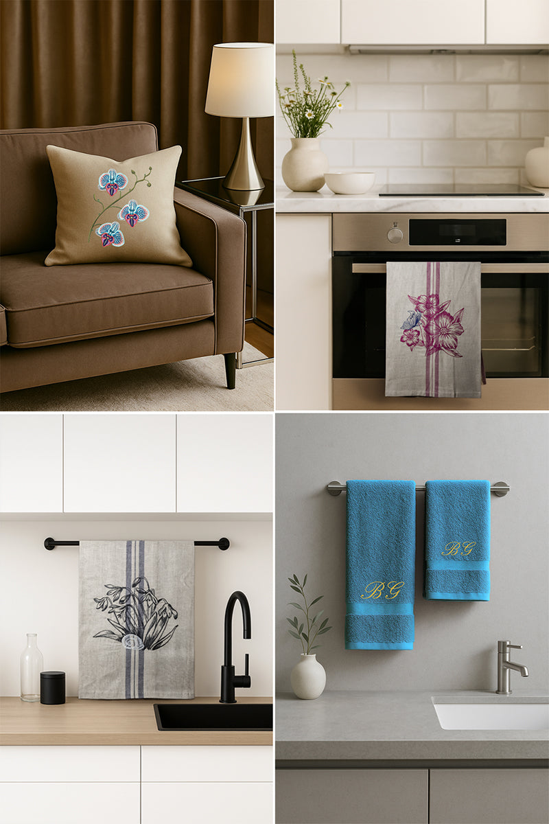 Collage delle collezioni in stile Minimal elegante, divano sofisticato tortora con cuscino floreale 3D, cucina minimale con asciugapiatti ricamati con fiori bicolori, bagno elegante con asciugamani in spugna  con ricamo personalizzato