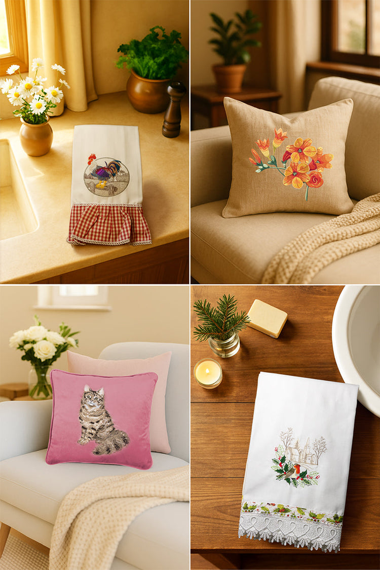 Collage dele collezioni di Home Decor, asciugamani, asciugapiatti e cuscini ricamati con varie fantasie presentati in ambienti caldi ed accoglienti