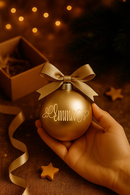 Pallina di Natale in vetro color bronzo con fiocco elegante e personalizzazione in vinile color oro, fotografata su fondo festivo con luci soffuse.