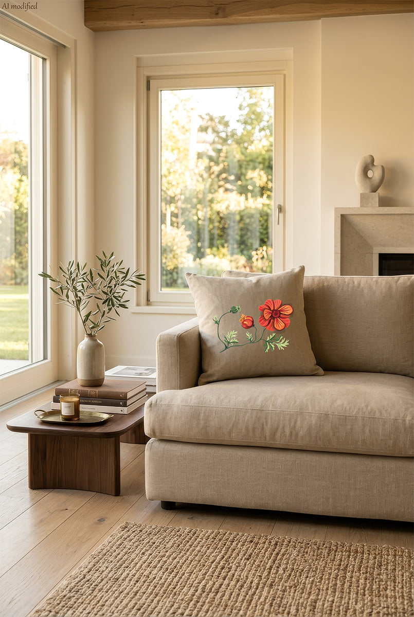 Cuscino in lino beige con ricamo a rilievo di anemone rosso e bocciolo arancione, personalizzabile appoggiato su un divano chiaro in un ambiente caldo e naturale, molto luminoso