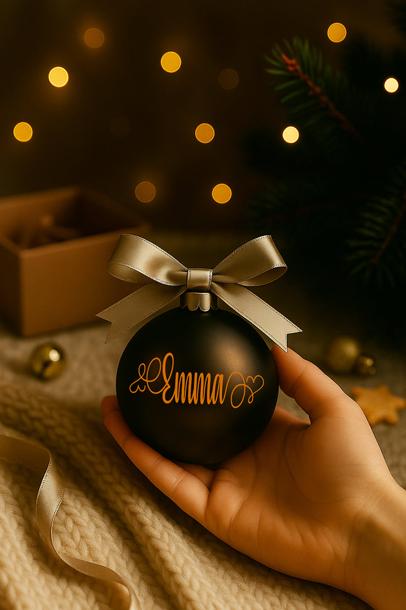Pallina di Natale in vetro nero con fiocco elegante e personalizzazione in vinile color bronzo, fotografata su fondo festivo con luci soffuse.
