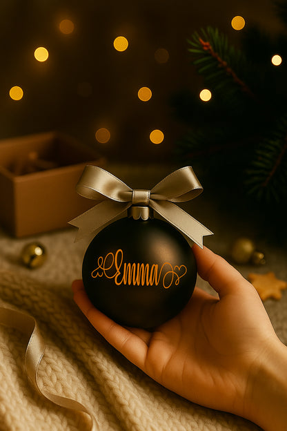 Pallina di Natale in vetro nero con fiocco elegante e personalizzazione in vinile color bronzo, fotografata su fondo festivo con luci soffuse.