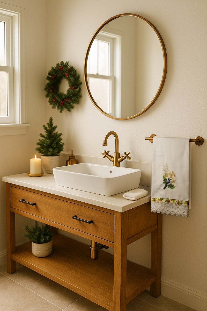 Asciugamano bianco con bluebird ricamato su rami di abete e villaggio invernale, appeso al porta asciugamani in bagno stile nordico.