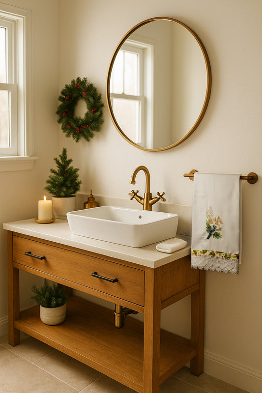 Asciugamano bianco con bluebird ricamato su rami di abete e villaggio invernale, appeso al porta asciugamani in bagno stile nordico.