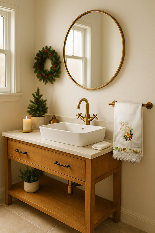 Asciugamano bianco con cardinale femmina giallo ricamato dentro ghirlanda di agrifogli e paesaggio rurale invernale, appeso in bagno natalizio.