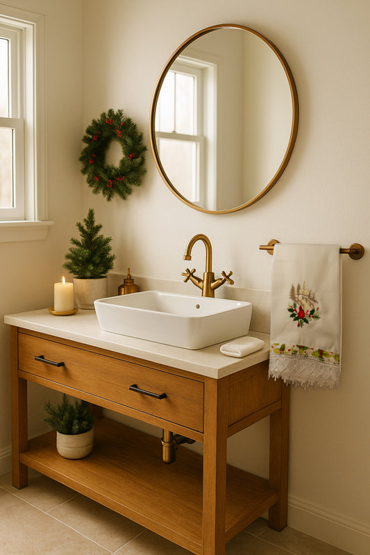 Asciugamano bianco con cardinale rosso ricamato su agrifogli davanti a chiesetta innevata, appeso in bagno caldo e accogliente per l’inverno.