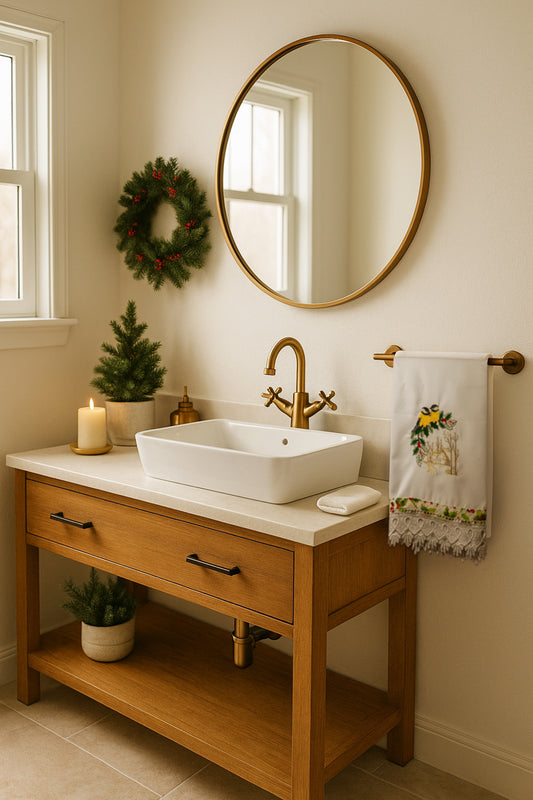 Asciugamano bianco con due cinciallegre ricamate su ramo di agrifoglio e casetta innevata, appeso in bagno decorato con ghirlanda verde.