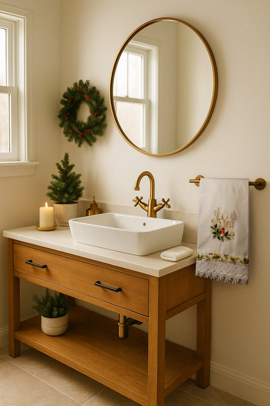 Asciugamano in cotone bianco con pettirosso ricamato e paesaggio innevato, appeso in bagno decorato per Natale su mobile in legno chiaro.