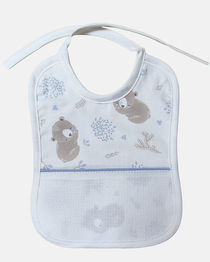 Bavaglino in cotone millerighe con decoro orsetti in azzurro personalizzabile con ricamo