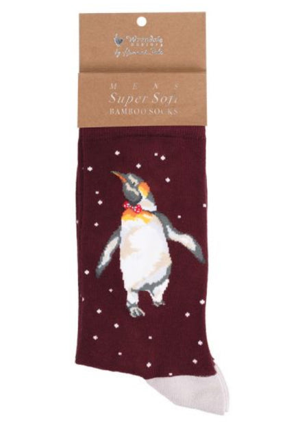 Calza da uomo Wrendale Designs in bambù bordeaux con ricamo di un pinguino reale con papillon rosso, presentata su sfondo neutro con cartoncino kraft del brand.