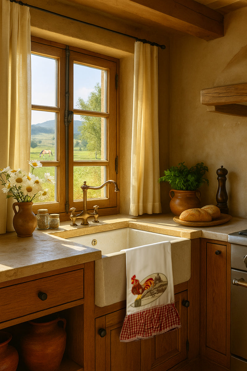 Asciugapiatto in cotone con ricamo gallo davanti a casale rustico immerso nella luce del primo mattino, fotografato appeso in cucina in stile rustico.