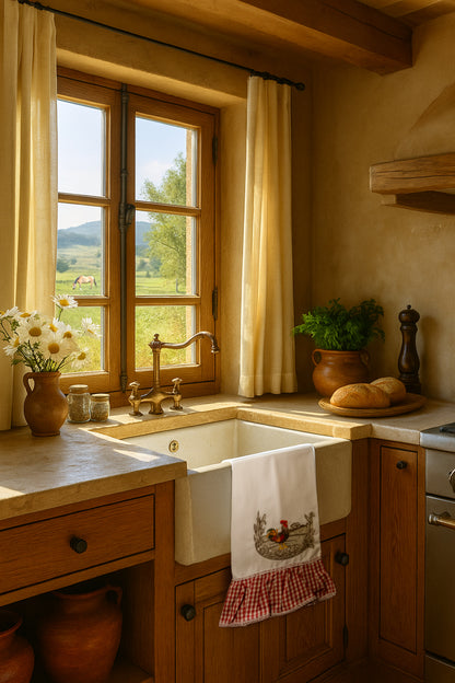 Asciugapiatto in cotone con ricamo gallo tra i campi dorati del mattino con spighe e luce soffusa, fotografato appeso in cucina in stile rustico.