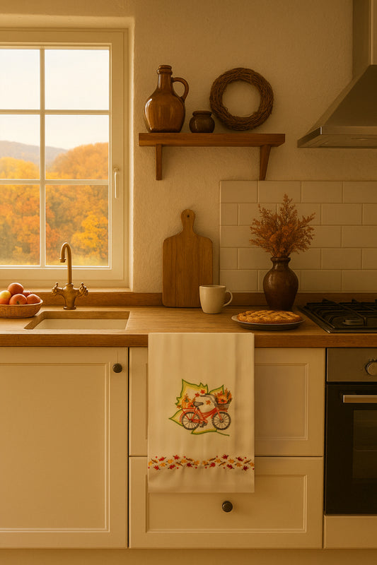 Asciugapiatto in cotone con ricamo bicicletta con cestino autunnale e foglie colorate, fotografato appeso in cucina in stile autunnale.