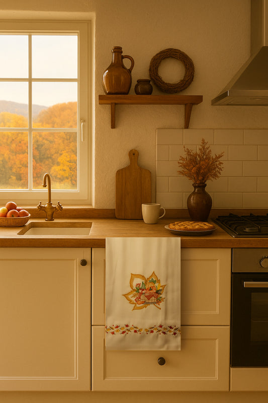 Asciugapiatto in cotone con ricamo cesta autunnale con frutti di stagione e foglie, fotografato appeso in cucina in stile autunnale.