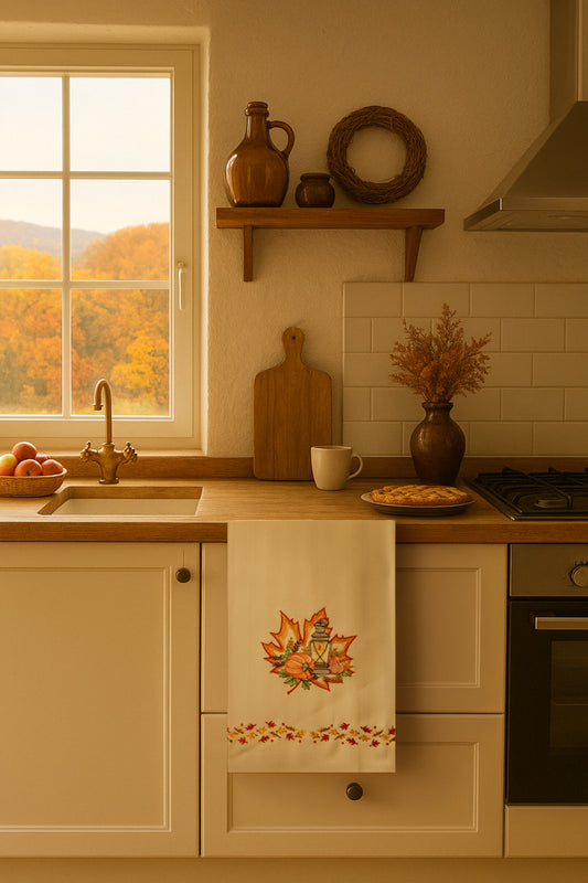 Asciugapiatto in cotone con ricamo lanterna autunnale con foglie e decorazioni stagionali, fotografato appeso in cucina in stile autunnale.
