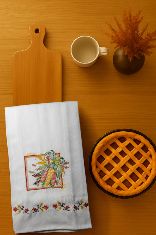 Asciugapiatto Autunno Pannocchie con ricamo pannocchie e foglie autunnali con dettagli rustici, fotografato dall’alto su piano cucina in legno.