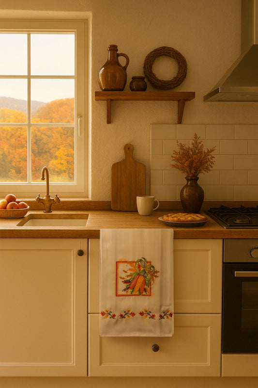 Asciugapiatto in cotone con ricamo pannocchie e foglie autunnali con dettagli rustici, fotografato appeso in cucina in stile autunnale.
