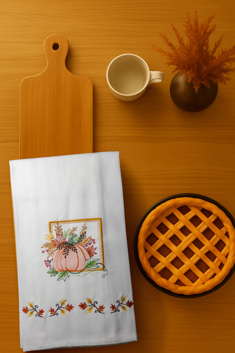 Asciugapiatto in cotone con ricamo zucca autunnale con foglie e bacche, fotografato dall’alto su piano cucina in legno.