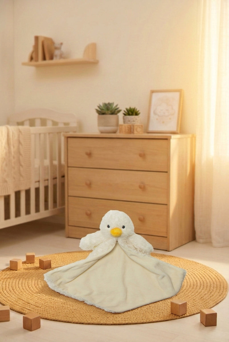Doudou-peluche paperella Daisy personalizzato con ricamo, appoggiato su un tappeto gioco in una nursery inondata di luce calda