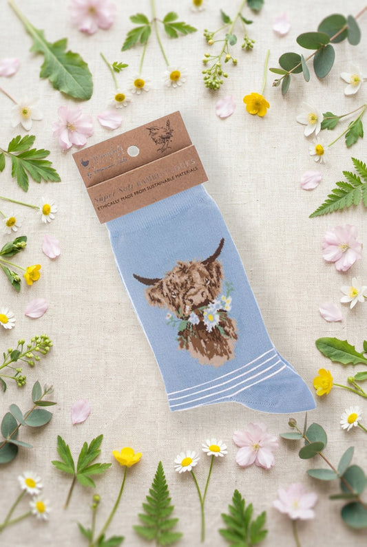 Calza da donna Wrendale Designs in bambù azzurro con mucca delle Highland e margherite ricamate, fotografata su sfondo primaverile con fiori e foglie.