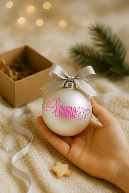Pallina di Natale in vetro bianco perlaceo con fiocco elegante e personalizzazione in vinile fucsia, fotografata su fondo festivo con luci soffuse e ramo di abete.