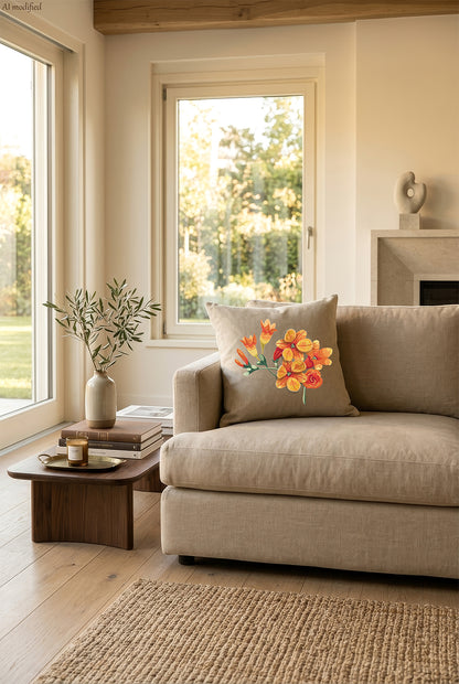 Cuscino in lino beige con ricamo a rilievo di fresia arancione, personalizzabile appoggiato su un divano chiaro in un ambiente caldo e naturale, molto luminoso