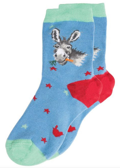 Coppia di calze Wrendale Designs da bambini in azzurro con polsino verde e tallone rosso, decorate con asinello che mangia una carota e piccoli motivi a stelle, su sfondo bianco.