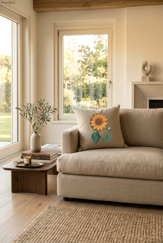 Cuscino in lino beige con ricamo a rilievo di girasole giallo, personalizzabile appoggiato su un divano chiaro in un ambiente caldo e naturale, molto luminoso