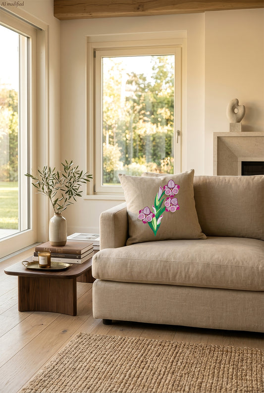 Cuscino in lino beige con ricamo a rilievo di gladiolo rosa, personalizzabile appoggiato su un divano chiaro in un ambiente caldo e naturale, molto luminoso