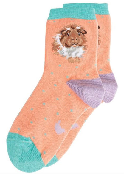 Coppia di calze Wrendale Designs da bambini color pesca con polsino verde acqua e tallone lilla, decorate con porcellino d’India e piccoli pois, su sfondo bianco.