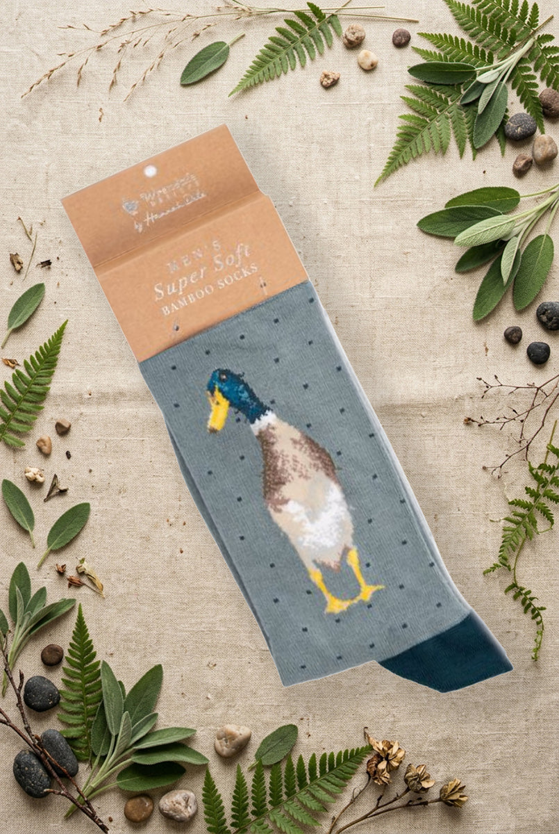 Calza da uomo Wrendale Designs in bambù grigio con illustrazione di un’anatra, fotografata su sfondo naturale primaverile.